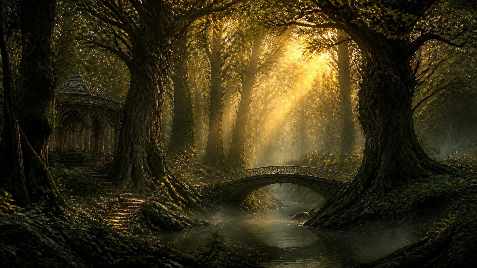 Bosque encantado con luz dorada entre árboles antiguos